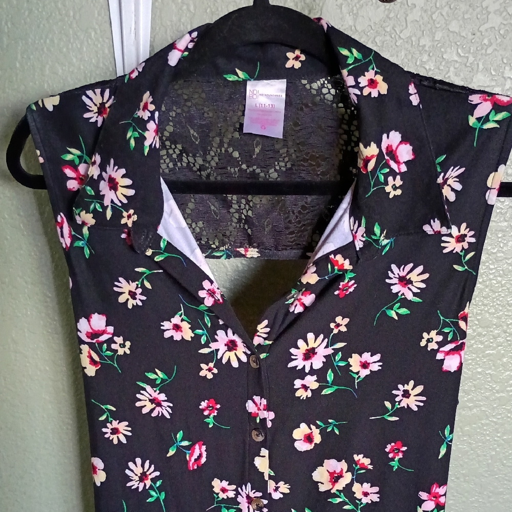 Floral Button-up Black Open-Lace Back Dress w Tie Strings NOBO